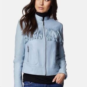 Dawn Levy leather fringed blue jacket